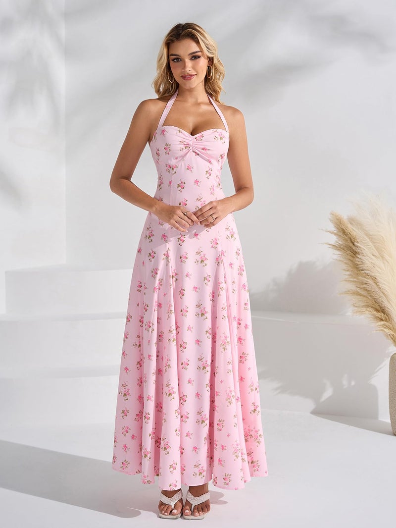 EYNMIN Floral Maxi Summer Wedding Guest Dress Halter Flowy A Line Smocked Tea Party Dresses Long Sundress for Women 2026 - Image 4