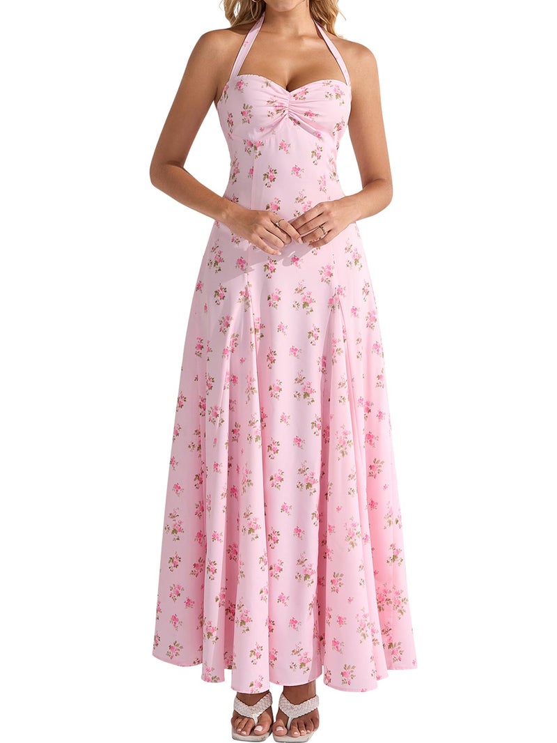 EYNMIN Floral Maxi Summer Wedding Guest Dress Halter Flowy A Line Smocked Tea Party Dresses Long Sundress for Women 2026 - Image 1