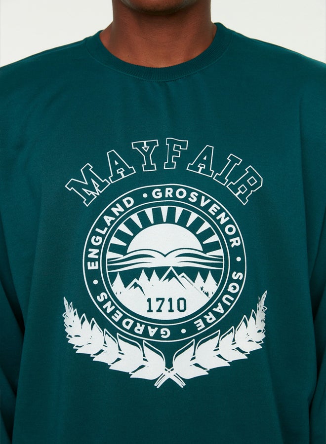 trendyol Emerald Green Oversize/Wide Cut College Printed Non-Raising Sweatshirt - Image 4