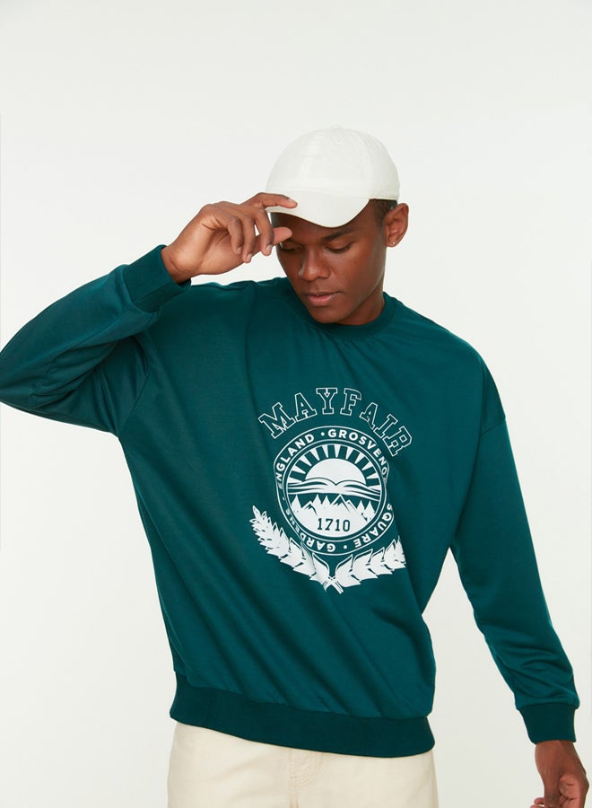 trendyol Emerald Green Oversize/Wide Cut College Printed Non-Raising Sweatshirt - Image 1