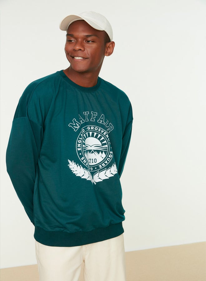 trendyol Emerald Green Oversize/Wide Cut College Printed Non-Raising Sweatshirt - Image 2