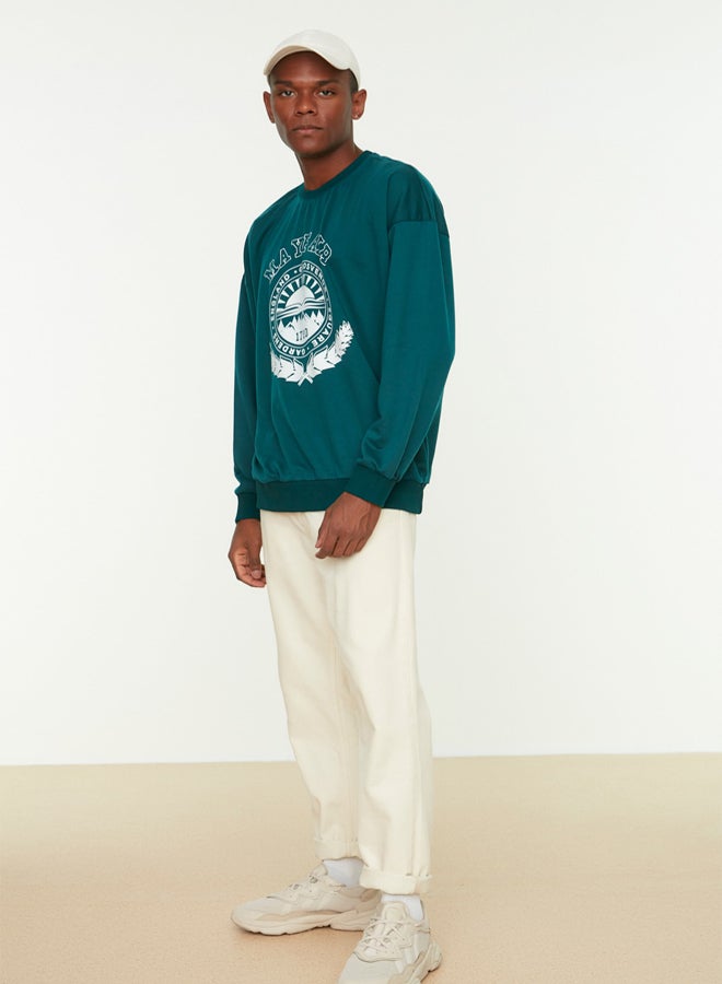 trendyol Emerald Green Oversize/Wide Cut College Printed Non-Raising Sweatshirt - Image 3