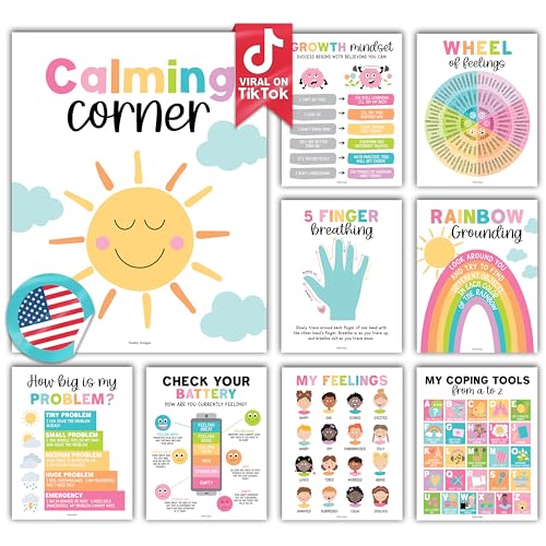 Hadley Designs 9 Calming Corner Posters For Classroom Must Haves For Teachers - 11x14 Calm Down Corner Supplies, Feelings Chart For Kids Ages 4-8, Feelings Wheel Poster, Pastel Classroom Decor - Image 1