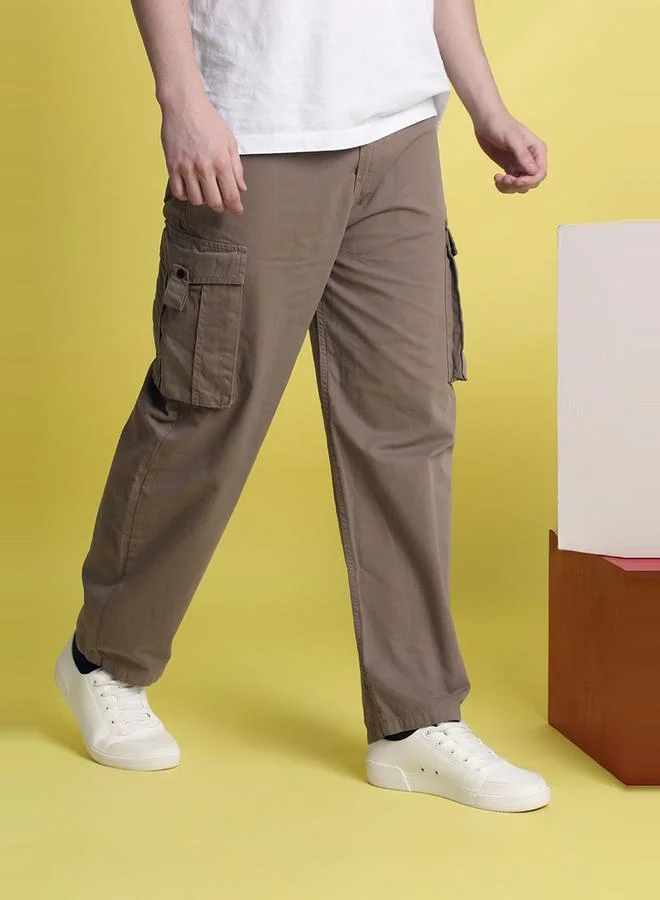Styli Men Brown Baggy Fit Solid Cargo Trousers By Bene Kleed