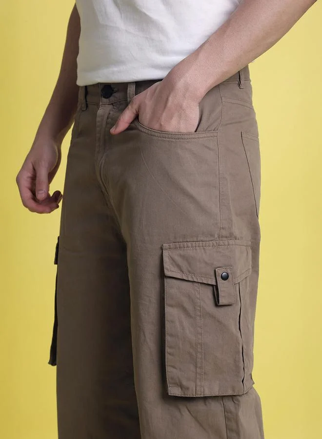 Styli Men Brown Baggy Fit Solid Cargo Trousers By Bene Kleed
