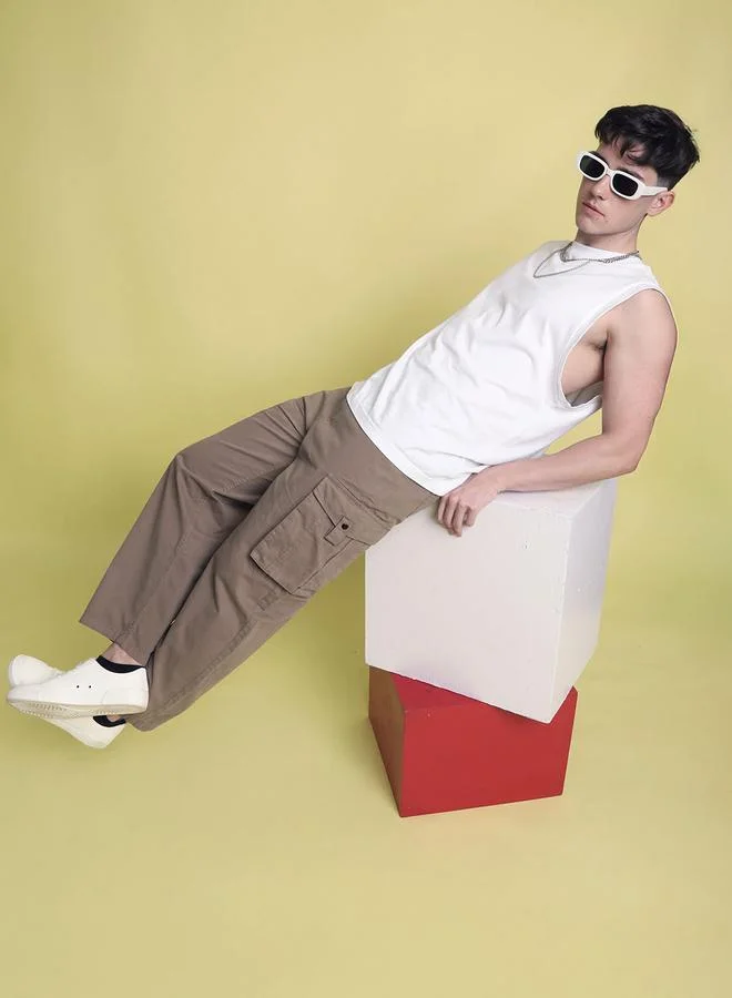 Styli Men Brown Baggy Fit Solid Cargo Trousers By Bene Kleed
