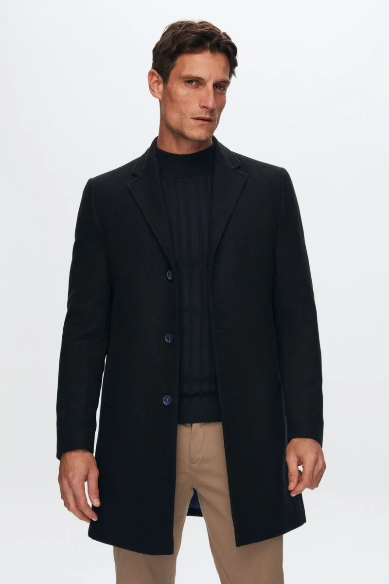 دي أس دامات Regular Fit Navy Blue Mono Collar Cashmere Coat 5HF08ORT10000