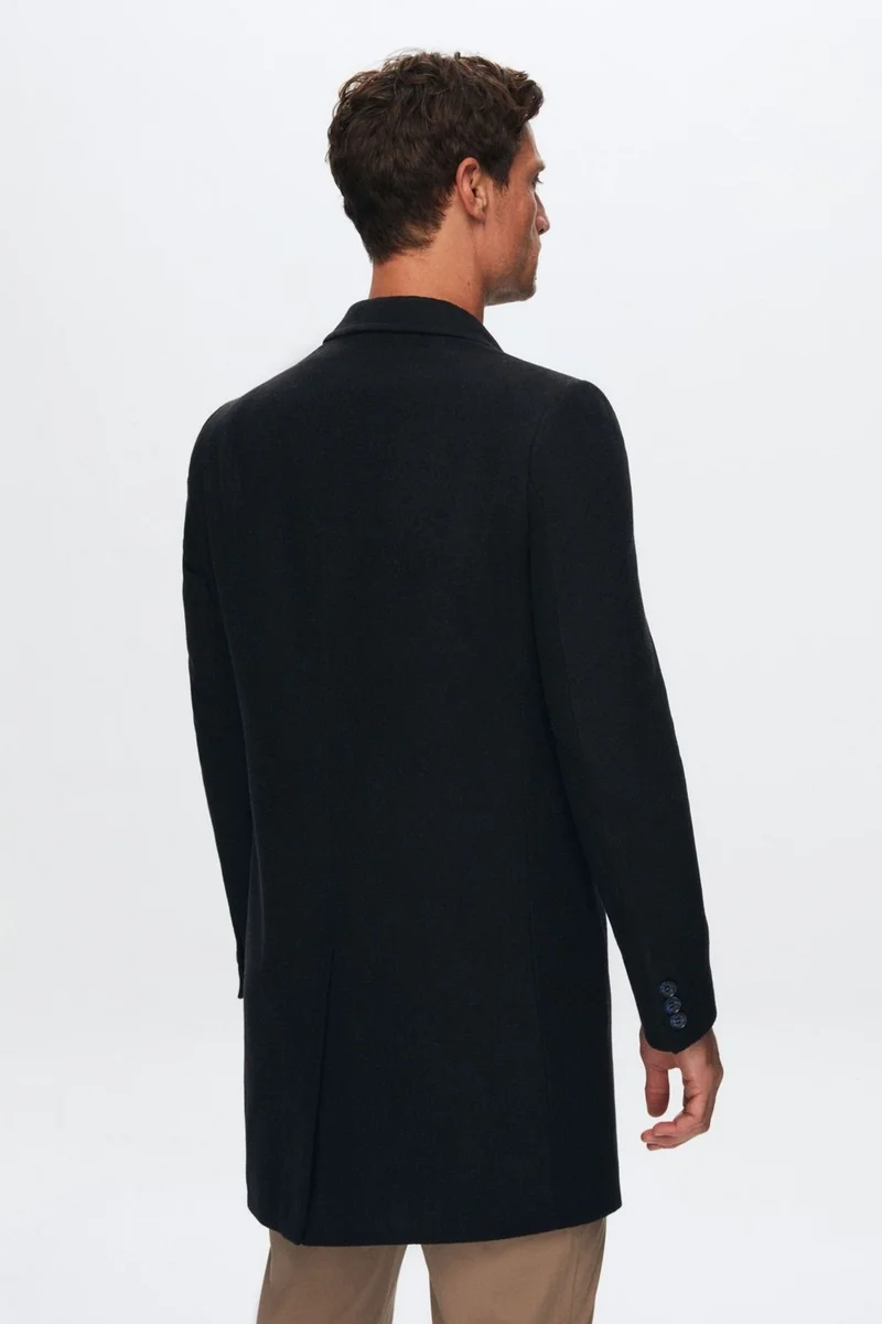دي أس دامات Regular Fit Navy Blue Mono Collar Cashmere Coat 5HF08ORT10000