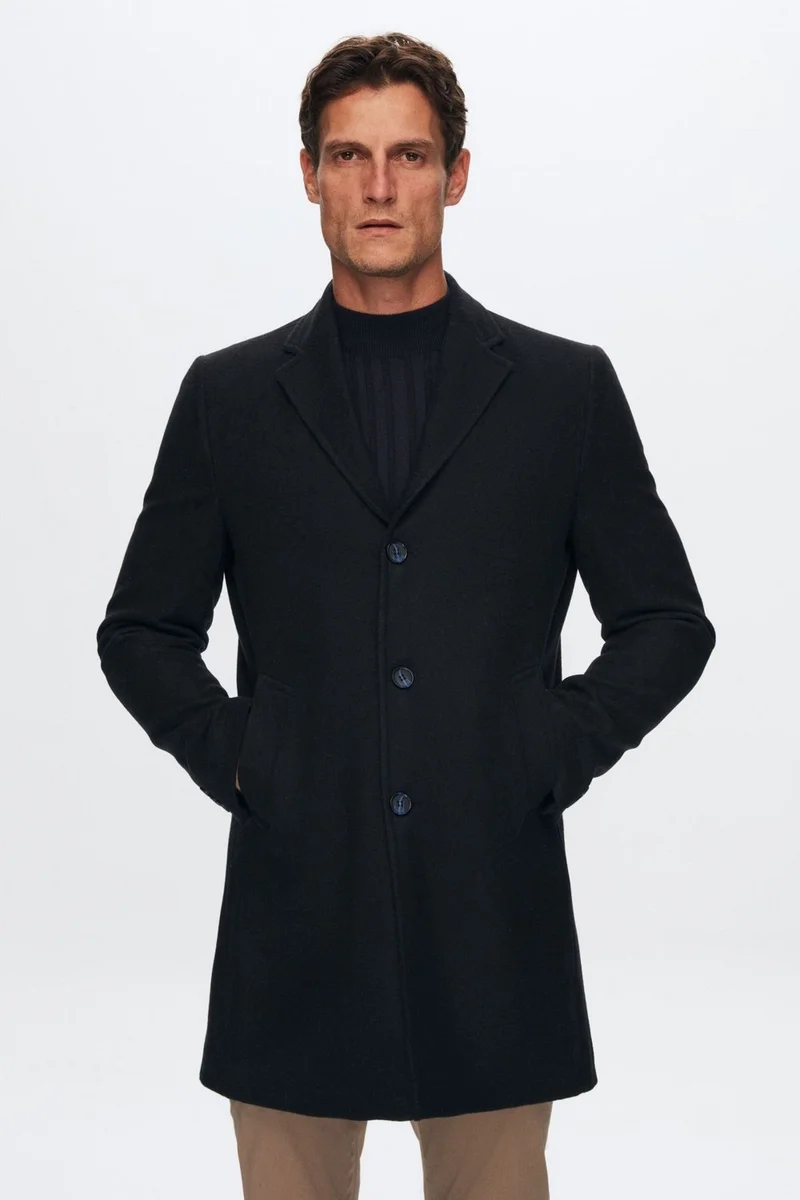 دي أس دامات Regular Fit Navy Blue Mono Collar Cashmere Coat 5HF08ORT10000