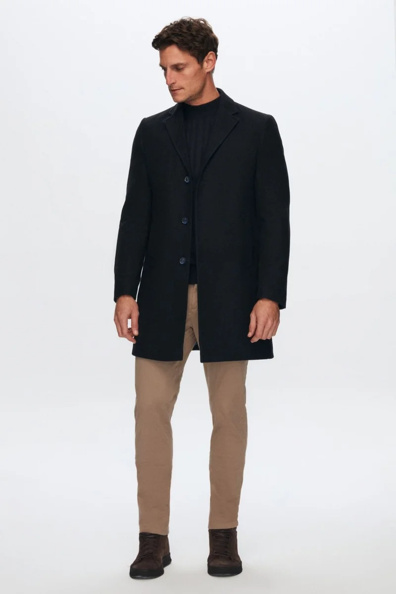 دي أس دامات Regular Fit Navy Blue Mono Collar Cashmere Coat 5HF08ORT10000