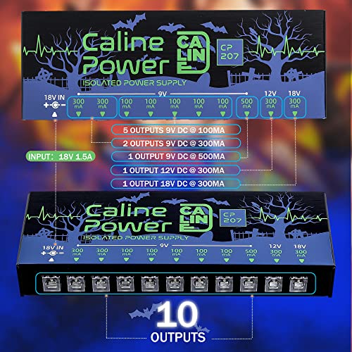 Caline CP-207 Guitar Pedal Power Supply, True Isolated Pedal Board Power Supply with 10 Totally Isolated DC 9V/12V/18V Outputs(100mA/300mA/500mA), Noiselessly - Image 2