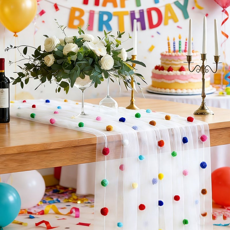 Velvet Pom Pom Birthday Party Tablecloth Polyester 31.5x118.11inch Solid Color - Image 1
