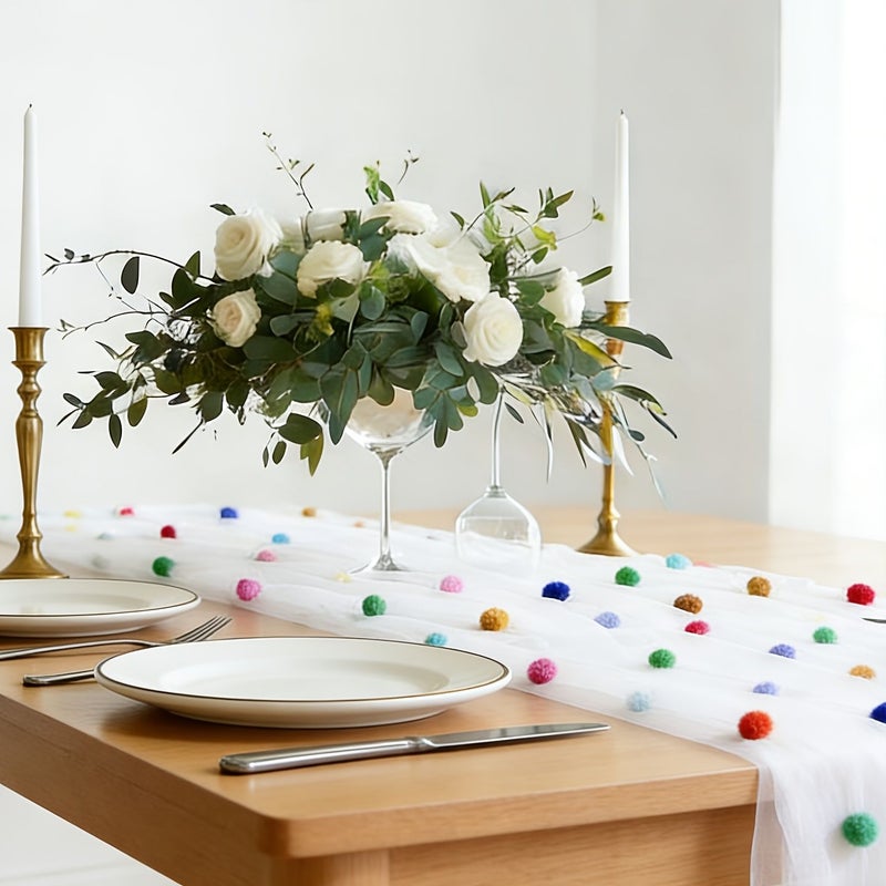 Velvet Pom Pom Birthday Party Tablecloth Polyester 31.5x118.11inch Solid Color - Image 4