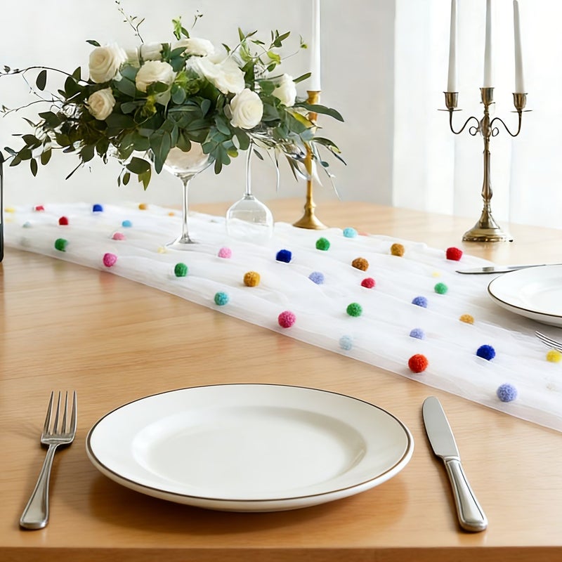 Velvet Pom Pom Birthday Party Tablecloth Polyester 31.5x118.11inch Solid Color - Image 2