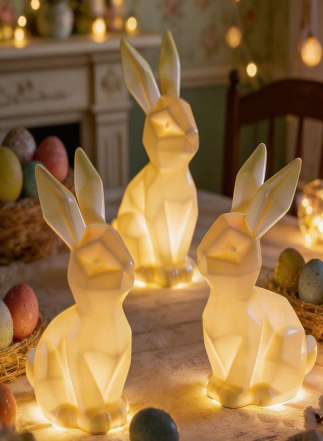 NEROSUN 3 Pack Easter Bunny Decorations, Ceramic White Rabbit Statues Ornaments, Lighted Bunny Table Centerpiece for Easter Party, Spring Home Decor and Shelf Display - Image 1