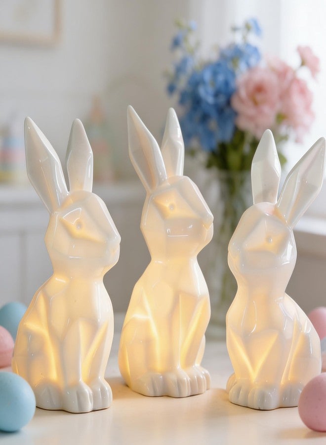 NEROSUN 3 Pack Easter Bunny Decorations, Ceramic White Rabbit Statues Ornaments, Lighted Bunny Table Centerpiece for Easter Party, Spring Home Decor and Shelf Display - Image 3