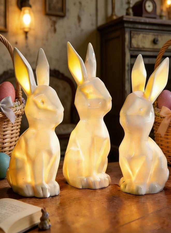 NEROSUN 3 Pack Easter Bunny Decorations, Ceramic White Rabbit Statues Ornaments, Lighted Bunny Table Centerpiece for Easter Party, Spring Home Decor and Shelf Display - Image 2