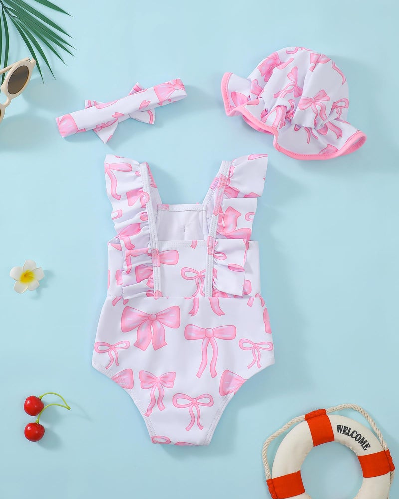 SODLON Baby Girl Swimsuit 12-18 Months Infant One-Piece Bathing Suit Ruffle Pink Bow Swimwear with Hat & Headband Rash Guard Sweet Swimsuits for Summer Pool Vacation Beach Essentials - Image 2