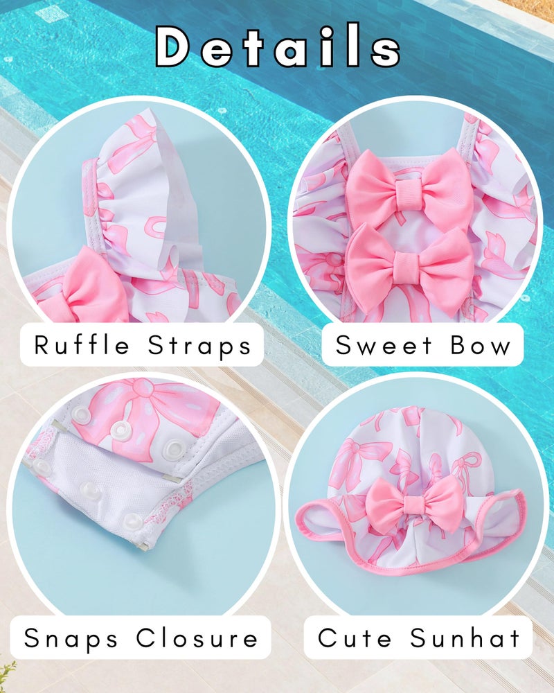 SODLON Baby Girl Swimsuit 12-18 Months Infant One-Piece Bathing Suit Ruffle Pink Bow Swimwear with Hat & Headband Rash Guard Sweet Swimsuits for Summer Pool Vacation Beach Essentials - Image 5