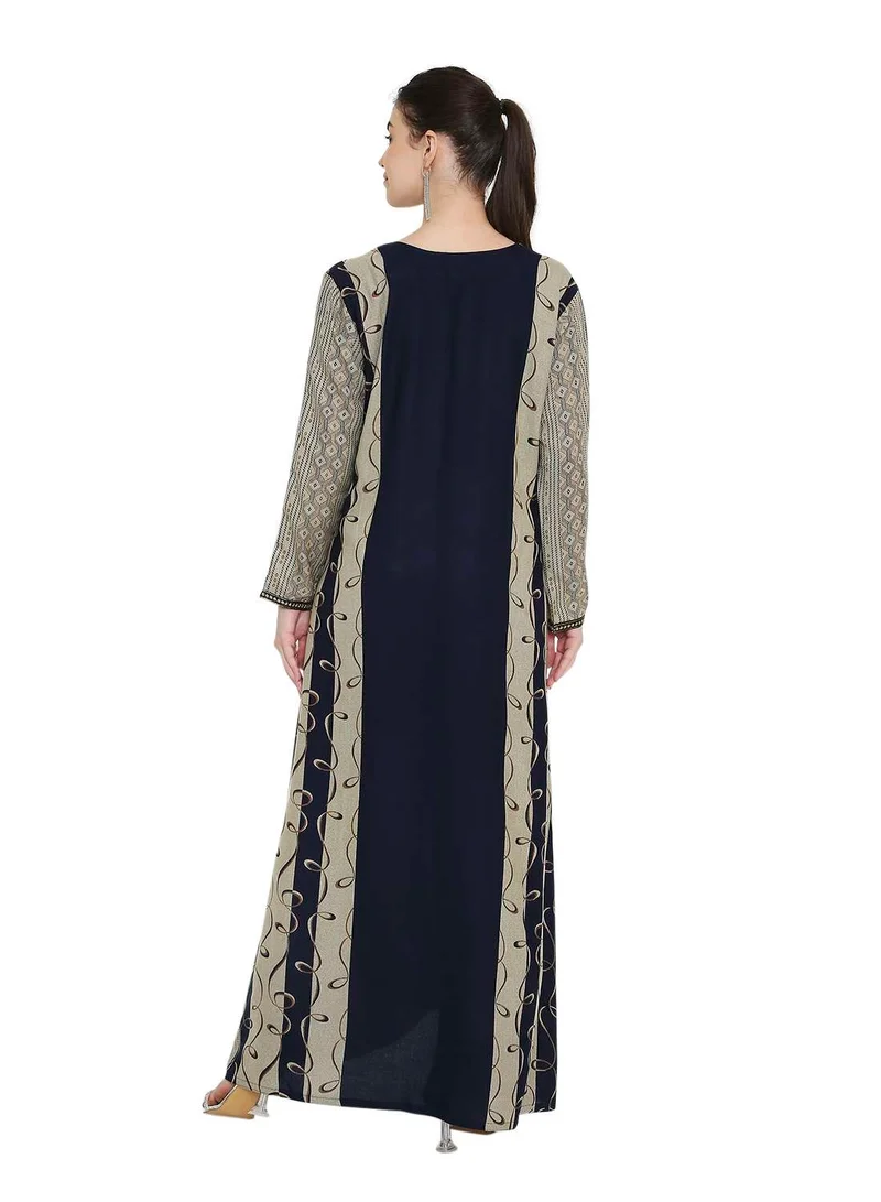 هانا آند سارا جلابية عربية نسائية باللون الأزرق الداكن والبيج مع رقبة مطرزة - فستان قفطان أنيق بأكمام طويلة