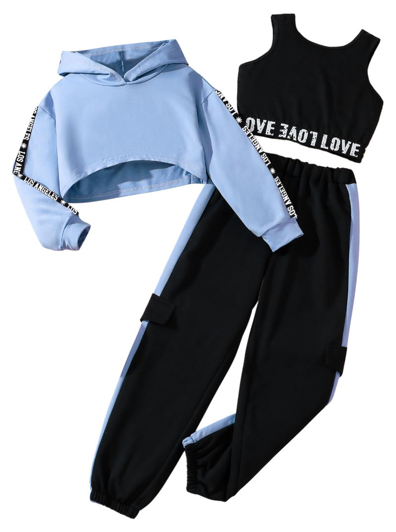 Hilinker Girls Graphic 3 Piece Outfits Workout Hoodie Crop Tank and Sweatpants Set Blue Black LA 9-10 Year - Image 1