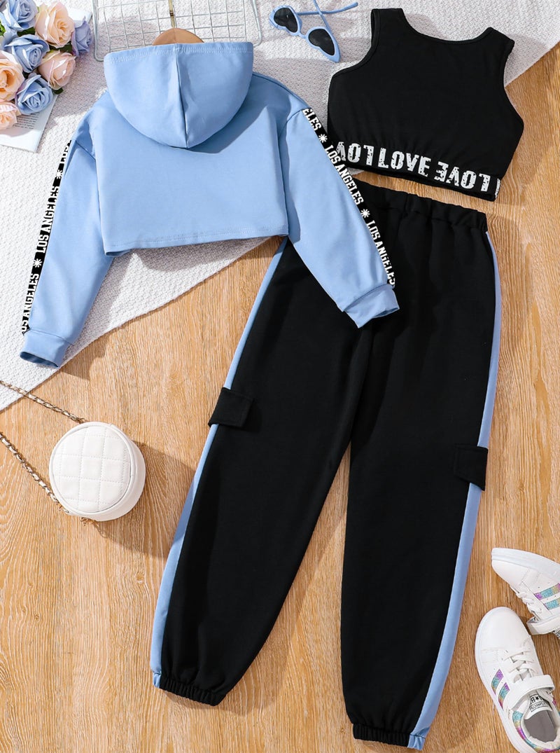Hilinker Girls Graphic 3 Piece Outfits Workout Hoodie Crop Tank and Sweatpants Set Blue Black LA 9-10 Year - Image 2