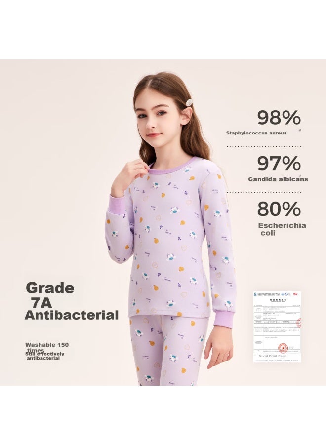 Deesha Girls' Pure Cotton Round Neck Thermal Underwear Set, 7a Antibacterial, 40s Tight Spun, Autumn Top And Bottom For Older Children