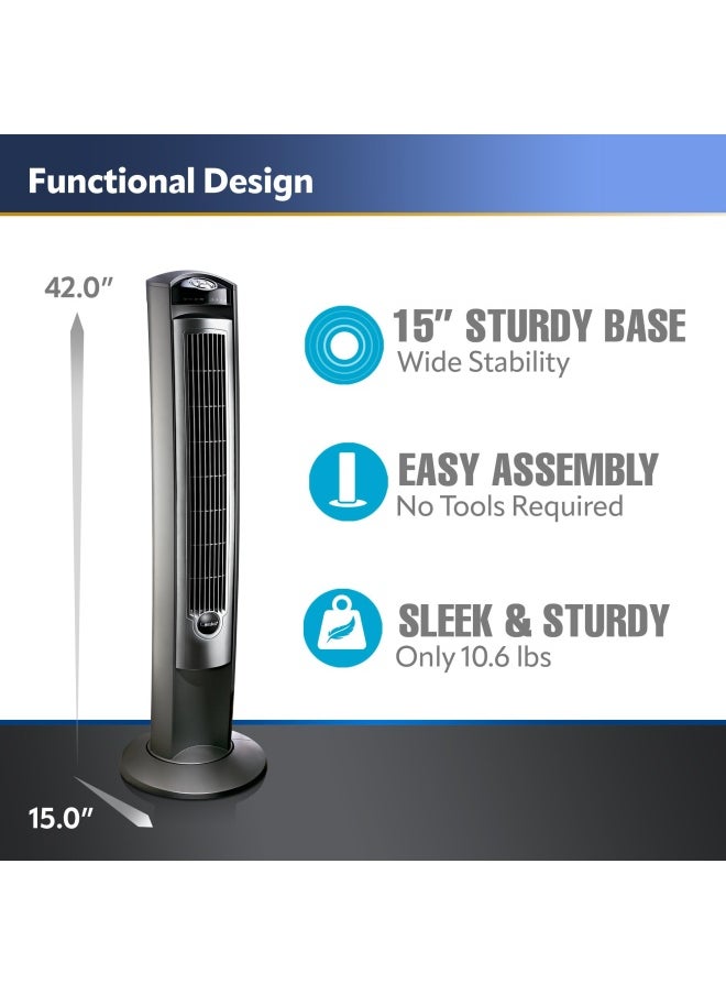 Lasko - Lasko Oscillating Tower Fan Quiet Fans With Remote For Bedroom Living Room Office Tower Fan With Remote 3 Speed Timer 42 Silver T42951 - Image 1