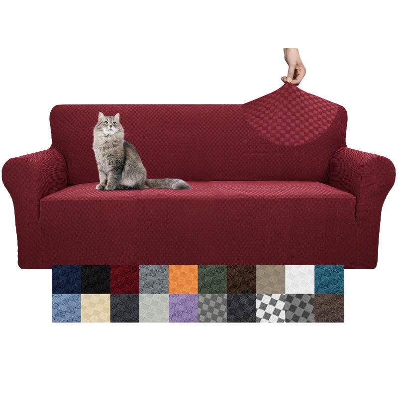 YEMYHOM Couch Cover Latest Jacquard Design High Stretch Sofa Covers for 3 Cushion Couch Pet Dog Cat Proof Slipcover Non Slip Magic Elastic Furniture Protector Sofa Christmas Wine Red