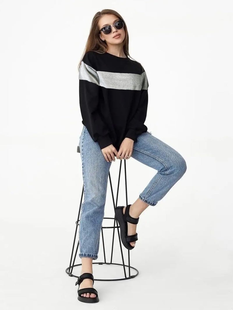 LEOTUDE Loopknit Women's Loose Round Neck Sweatshirt (GRL_W11GRY11_P_Black1_M) - Image 4