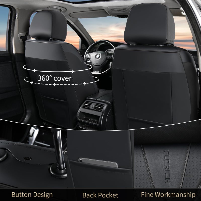 FLORICH Leather Seat Covers Full Set Automotive Seat Covers Black Car Seat Covers Waterproof Front and Back Seat Covers Car Seat Cushion Protector Universal Fit for Most Cars SUV Trucks, Black - Image 3