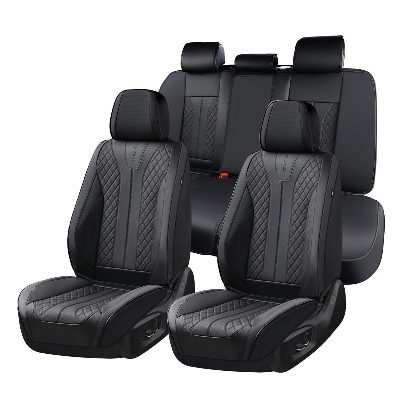 FLORICH Leather Seat Covers Full Set Automotive Seat Covers Black Car Seat Covers Waterproof Front and Back Seat Covers Car Seat Cushion Protector Universal Fit for Most Cars SUV Trucks, Black - Image 1