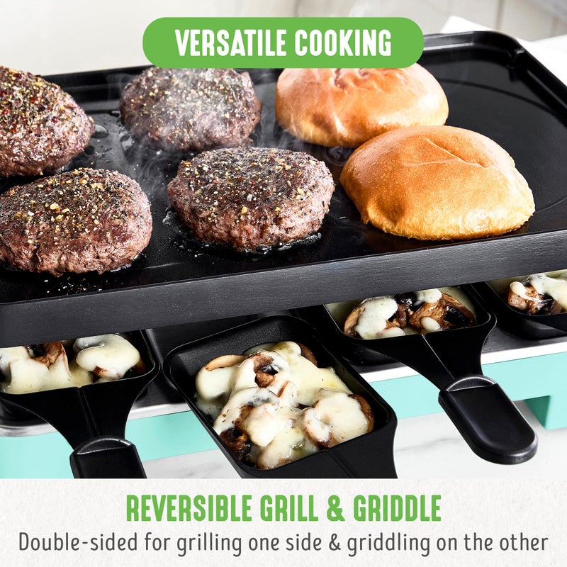 GreenLife GreenLife Raclette Indoor Tabletop Grill, Healthy Ceramic Nonstick, 2-in-1 Grill and Griddle, 8 Square Nonstick Pans, Adjustable Temperature Control, Easy Indicator Light, PFAS-Free, Turquoise  - Image 3