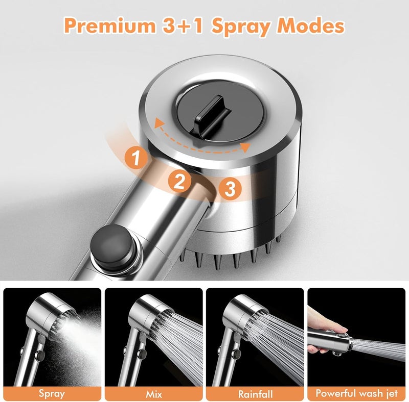 FEELSO Hard Water Filter Shower Head High Pressure with 1.5m Hose Silver | 3+1 Spray Jet Modes Handheld Massage Shower Head with 15 Stage Filter for Residual Chlorine Remove & Reduce Dry Itchy Skin - Image 1