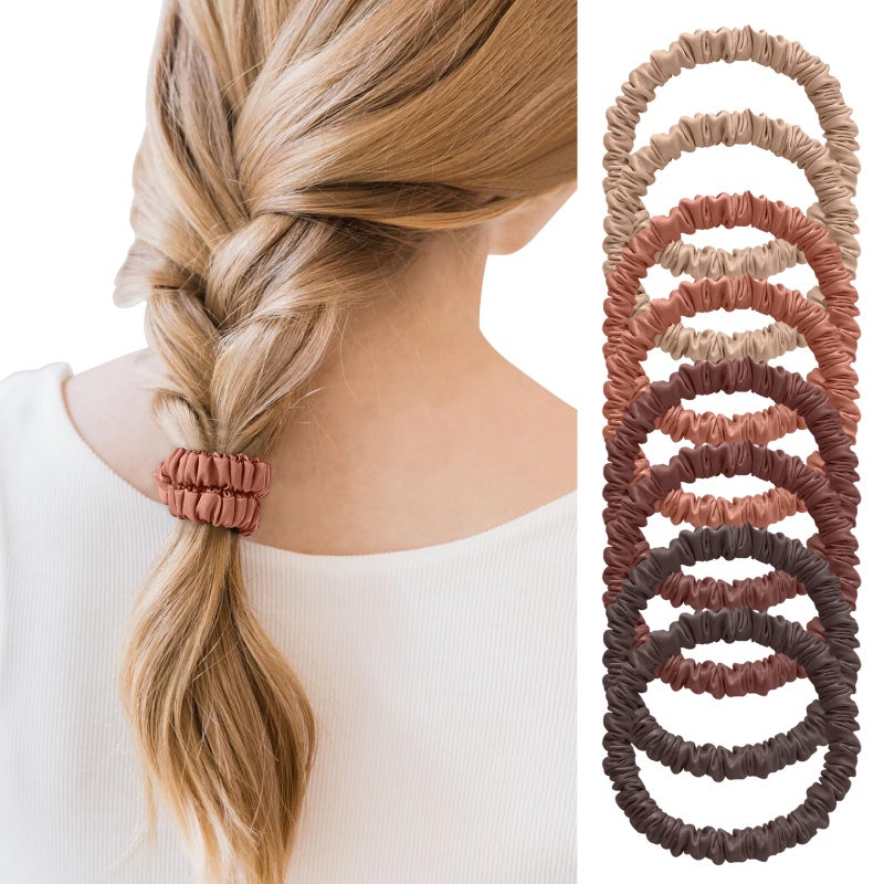 Srevela 8Pcs Mulberry Silk Scrunchies Set Silk Hair Ties Elastic for Women Skinny Scrunchies Reduces Breakage for All Hair Types Srevela Earth Tones - Image 3