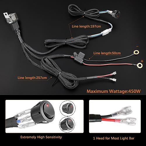 Auto Power Plus LED Light Bar Wiring Harness Auto Power Plus Wiring Harness Kit for LED Lights 450W 12V 30A Fuse Relay Universal Wiring Harness with ON/Off Waterproof Switch-1 Lead - Image 3