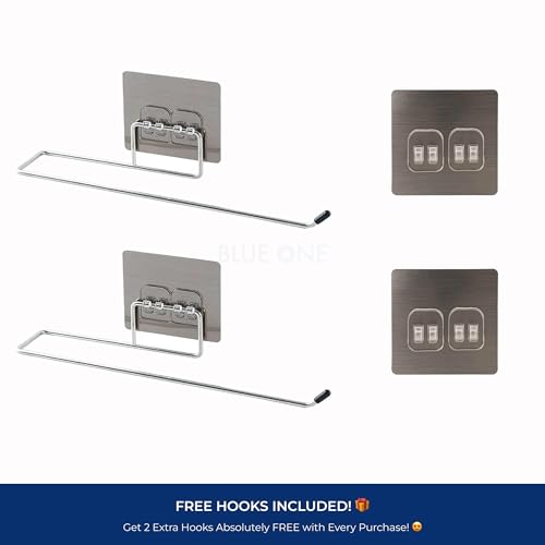 BLUEONE Self-Adhesive Stainless Steel Towel Bar & Tissue Roll Holder – Wall Mounted Kitchen Paper Rack, Napkin Ring & Bathroom Towel Hanger with Magic Pad - Image 2
