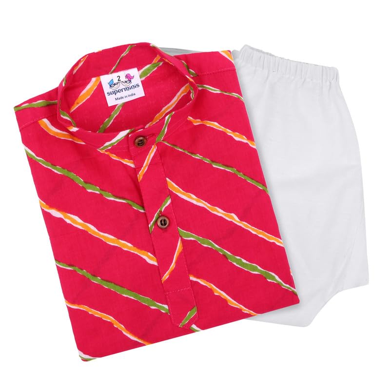 superminis Cotton Boys Sanganeri Lehariya Print Kurta and White Pyjama with Elastic Closure (7-8 Years, Magenta) - Image 1