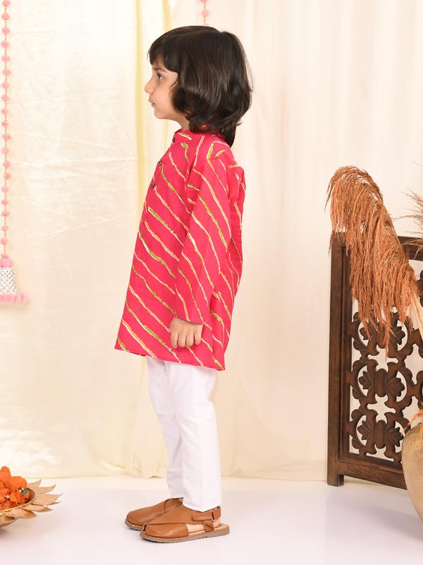 superminis Cotton Boys Sanganeri Lehariya Print Kurta and White Pyjama with Elastic Closure (7-8 Years, Magenta) - Image 5