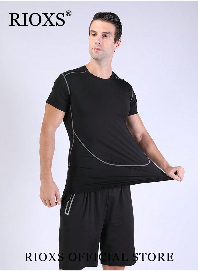 RIOXS Men's Sports Two Piece Set-Athletic Short Sleeve And Shorts,Base Tops T-Shirts Pants Set,Quick Dry Training Set For Fitness Running Gym Workout  - Image 3