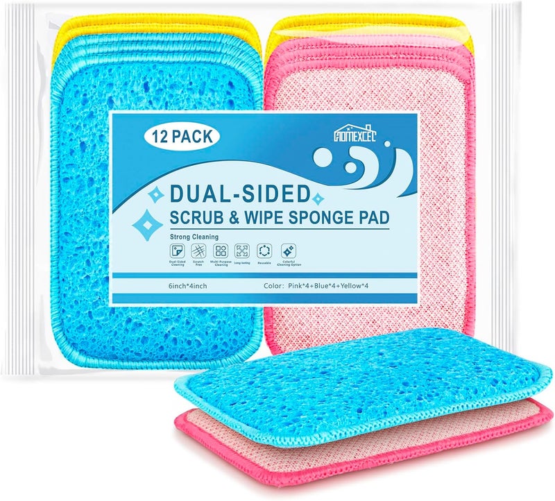12 Pack Dual-Sided Scrub & Wipe Sponge Pads - Multicolor - Image 1