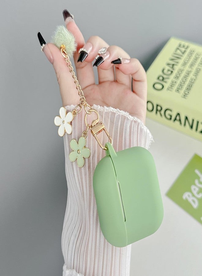 OTOPO Cute Case for Airpods 4 Cover for Girl Women with Pom pom Flower Charms Keychain & Cleaner Kit, Soft Silicone Airpods iPod 4th Gen Protective Cover Skin for Airpod 4 2024 Matcha Green - Image 2