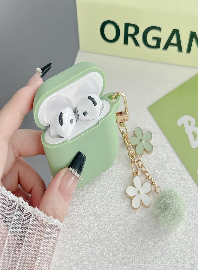 OTOPO Cute Case for Airpods 4 Cover for Girl Women with Pom pom Flower Charms Keychain & Cleaner Kit, Soft Silicone Airpods iPod 4th Gen Protective Cover Skin for Airpod 4 2024 Matcha Green - Image 3