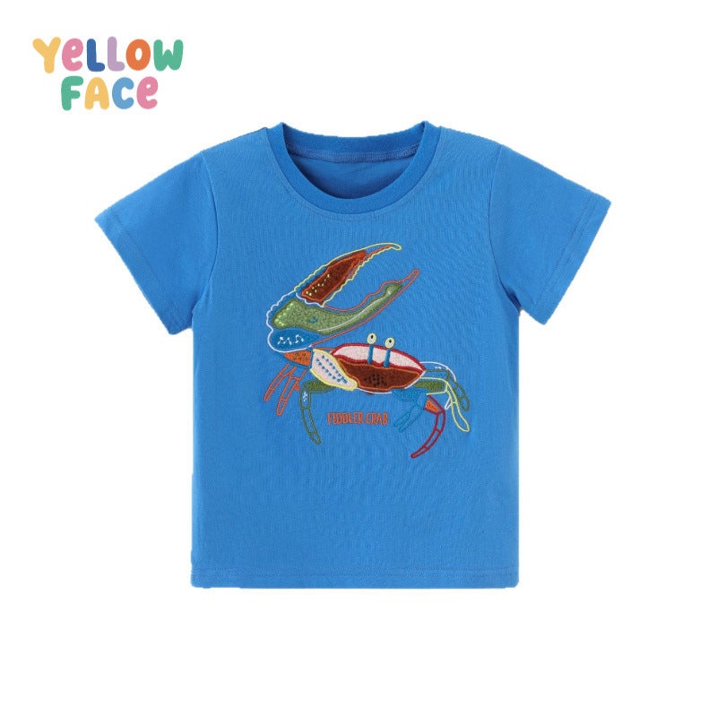 Summer Boys Short Sleeve T-Shirt with Crab Embroidery, Round Neck, Cotton, Royal Blue - Image 5