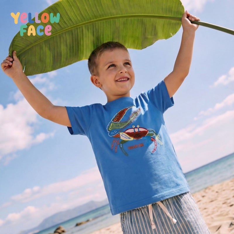 Summer Boys Short Sleeve T-Shirt with Crab Embroidery, Round Neck, Cotton, Royal Blue - Image 1