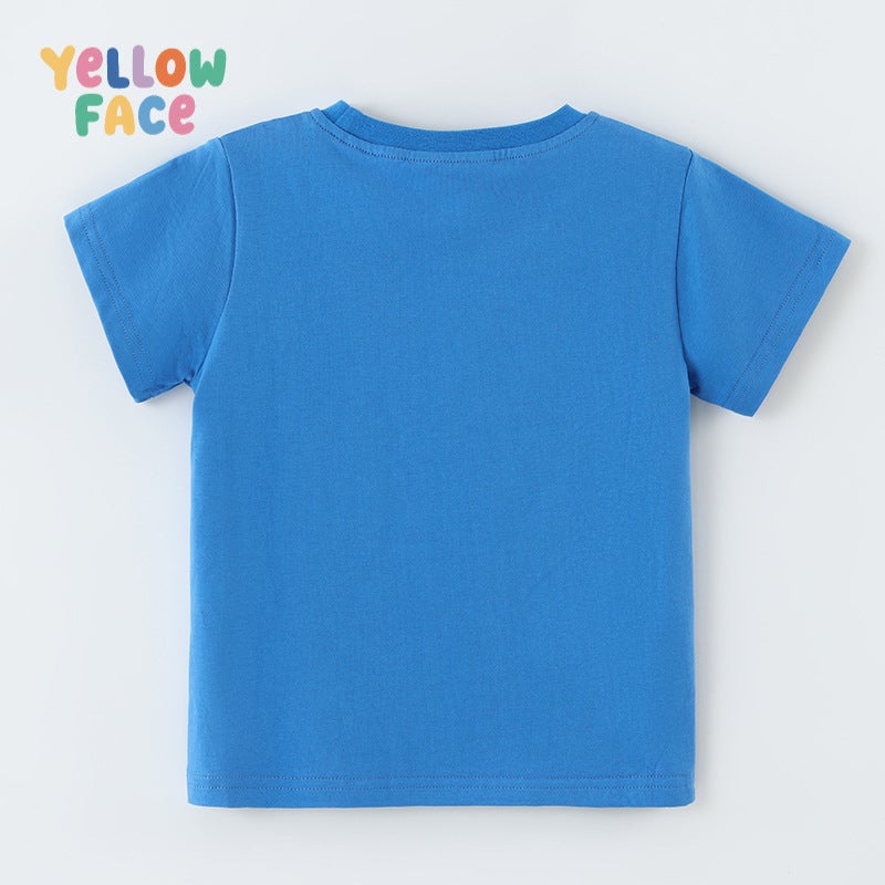 Summer Boys Short Sleeve T-Shirt with Crab Embroidery, Round Neck, Cotton, Royal Blue - Image 2