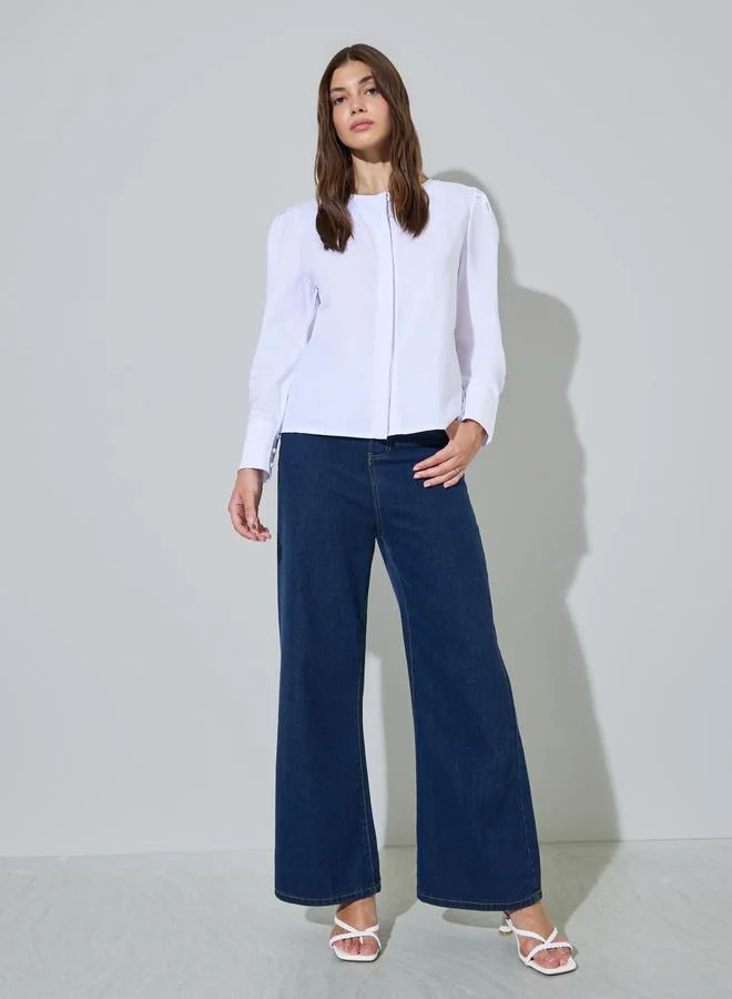 ستايلي White Solid Long Sleeves Button Front Blouse