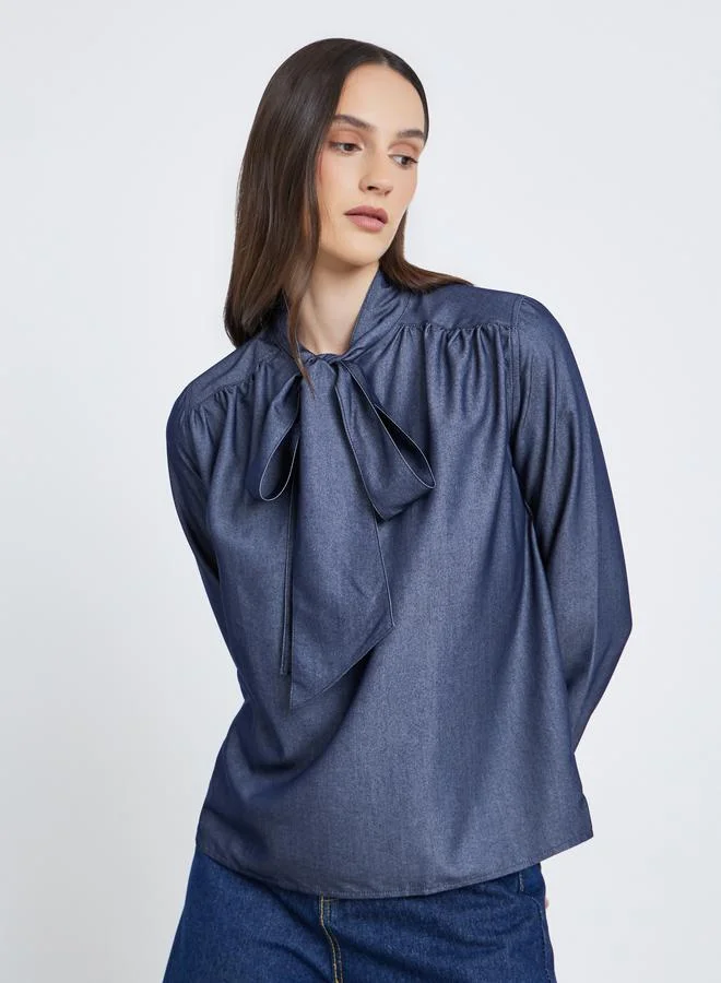 Styli Styli Bow Tie Neck Balloon Sleeve Blouse