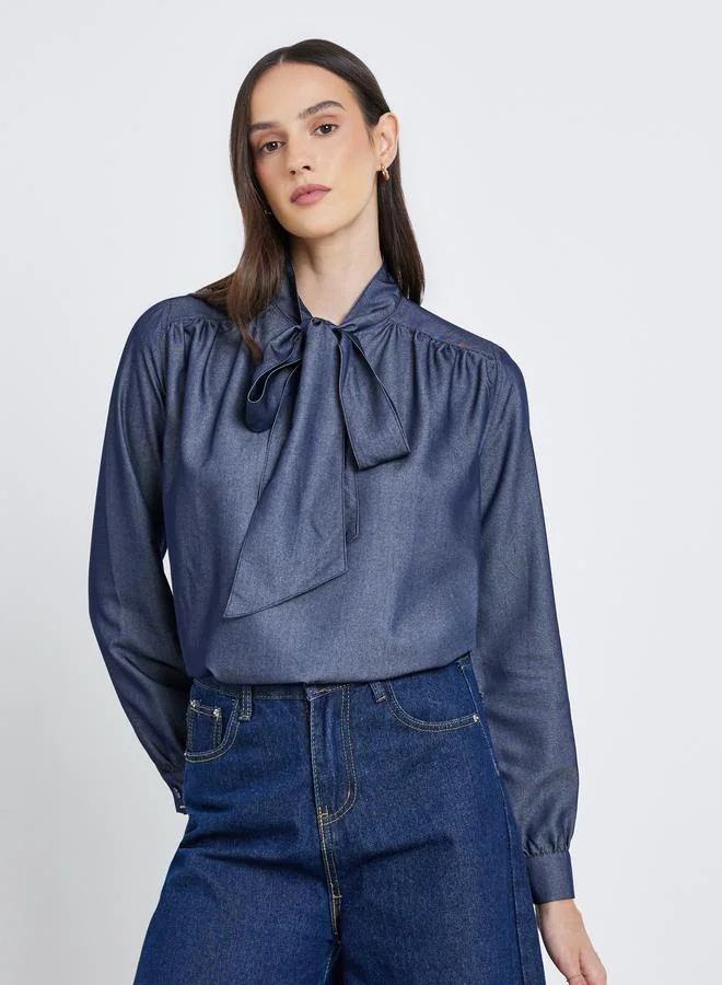 Styli Styli Bow Tie Neck Balloon Sleeve Blouse