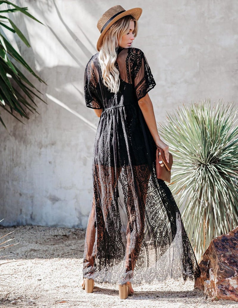 Maybuy Women's Long Lace Kimono Cover Ups Tops Lightweight Summer Cardigan Dusters Sheer Boho Beach Plus Size Maxi L Black - Image 4